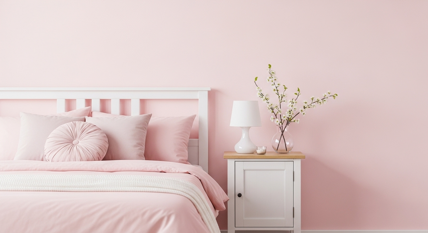 Decor phòng ngủ màu hồng pastel trang nhã với giường êm ái, tường hồng nhạt và tủ đầu giường gỗ trắng.