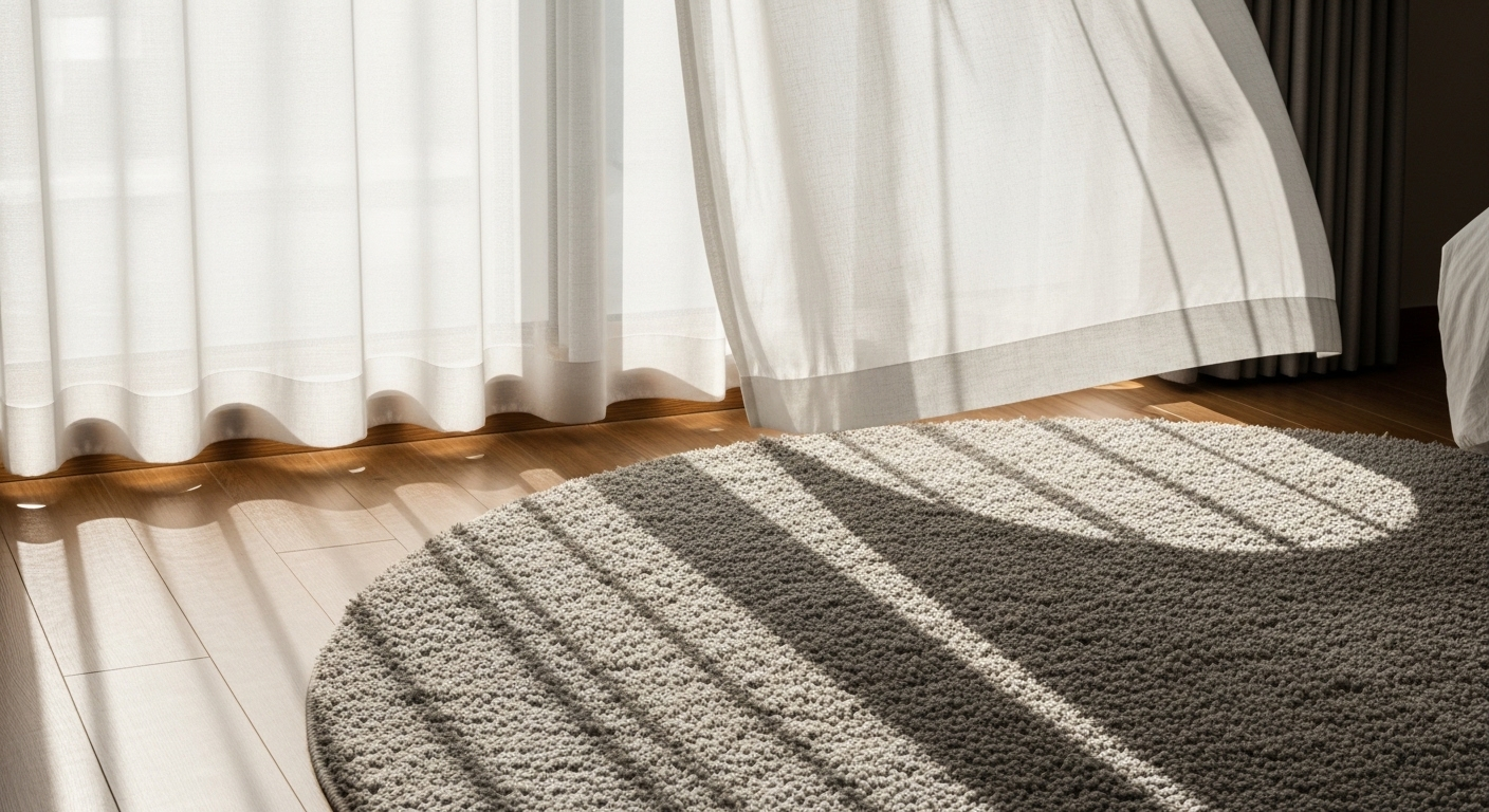 Trang trí phòng ngủ ấm cúng với rèm trắng mỏng bay nhẹ đón ánh nắng ban mai và thảm tròn lông xù màu xám nhạt trên sàn gỗ.