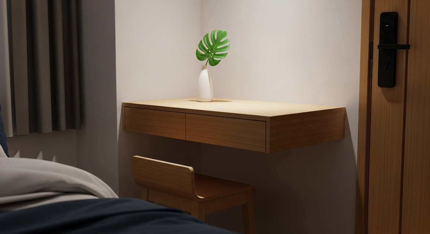 Góc làm việc gọn gàng trong phòng ngủ nhỏ với bàn gỗ sáng gắn tường, ghế đẩu và lọ hoa đơn giản. Ý tưởng trang trí nội thất phòng ngủ vừa và nhỏ hiện đại, tiện dụng.