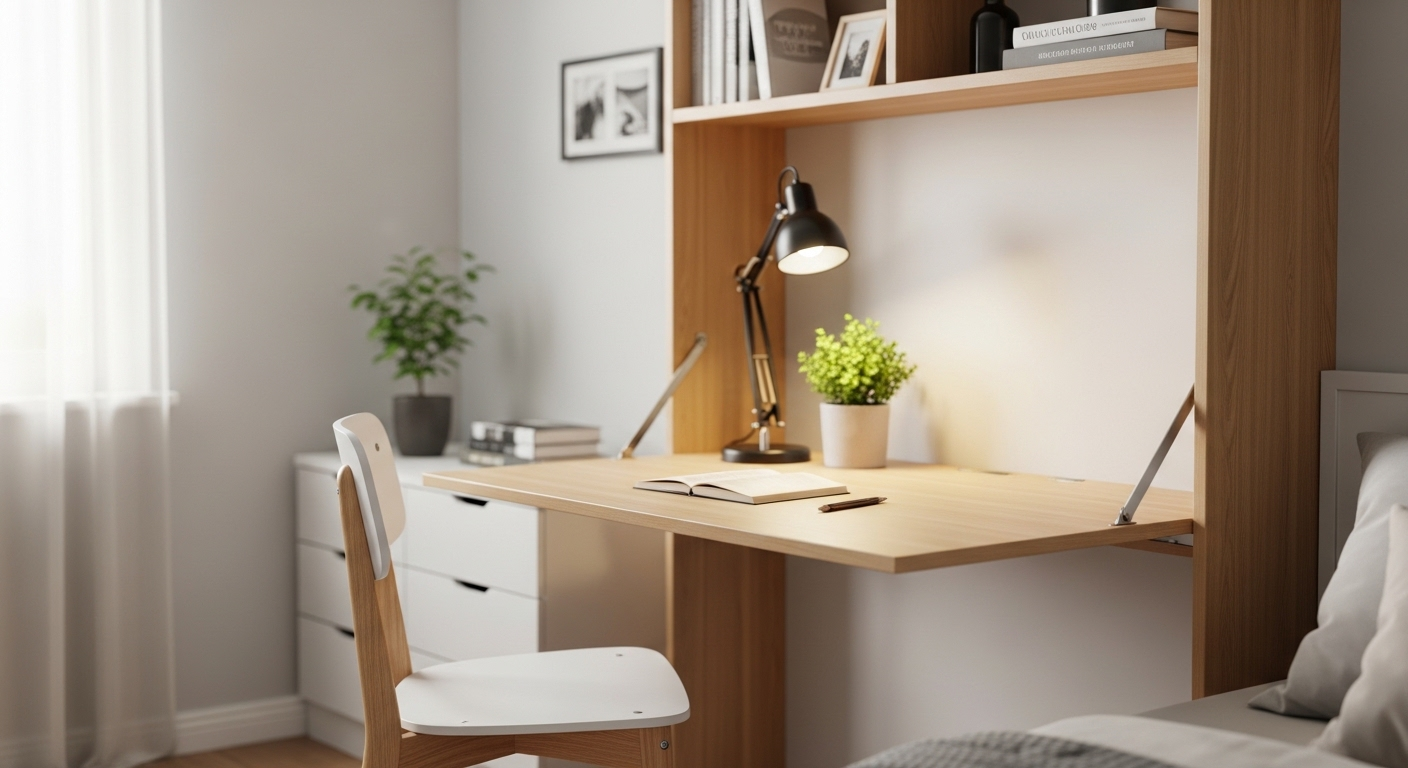 Góc làm việc đa năng thông minh, bàn gỗ sáng màu gấp gọn từ kệ gắn tường, tối ưu không gian cho decor phòng ngủ nhỏ. Kèm ghế tối giản, đèn và cây xanh.