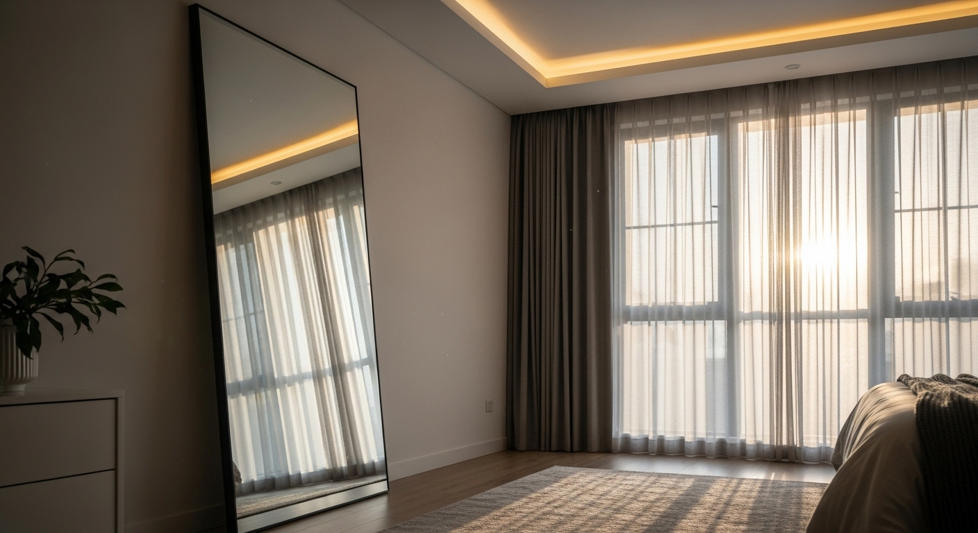 Phòng ngủ rộng rãi với gương chữ nhật lớn không khung phản chiếu ánh sáng ban mai dịu nhẹ, tạo không gian thư thái. Đây là ý tưởng trang trí phòng ngủ hiện đại và tối giản.