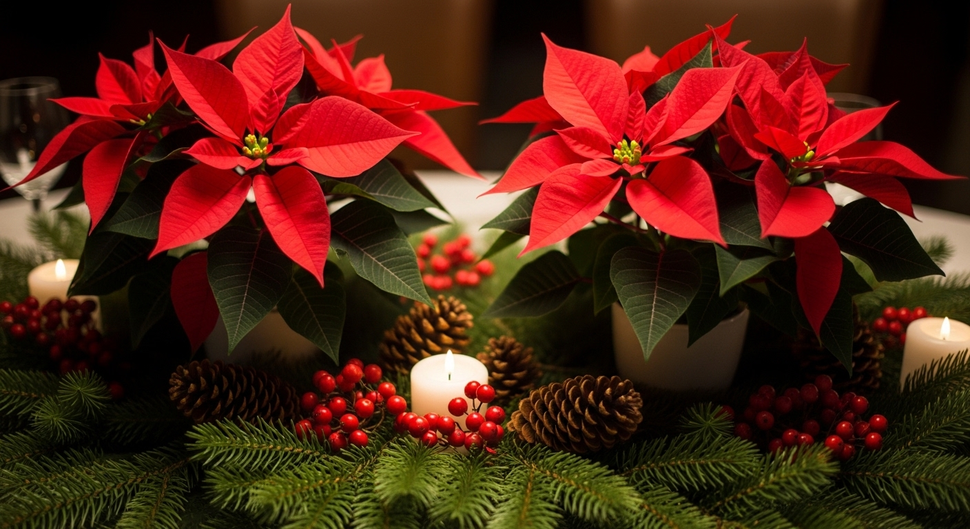 Cách trang trí bàn tiệc Giáng sinh với tâm điểm là những cây hoa trạng nguyên đỏ rực rỡ, bao quanh bởi lá thông xanh tươi, chùm quả mọng đỏ, nến trắng và quả thông tự nhiên. Ánh sáng ấm áp làm nổi bật vẻ đẹp lộng lẫy.