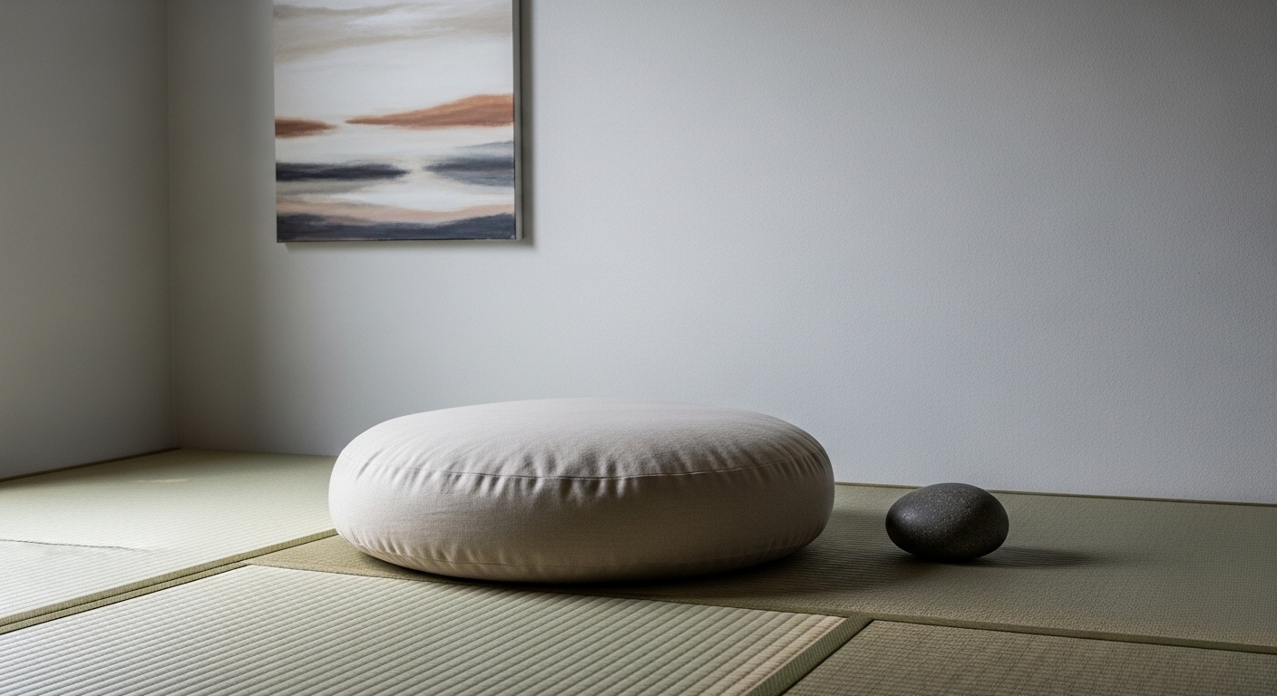 Góc trang trí phòng ngủ phong cách Nhật Bản thanh bình với chiếu tatami, đệm ngồi Zabuton màu be, đá sông và tranh tối giản tông màu đất.