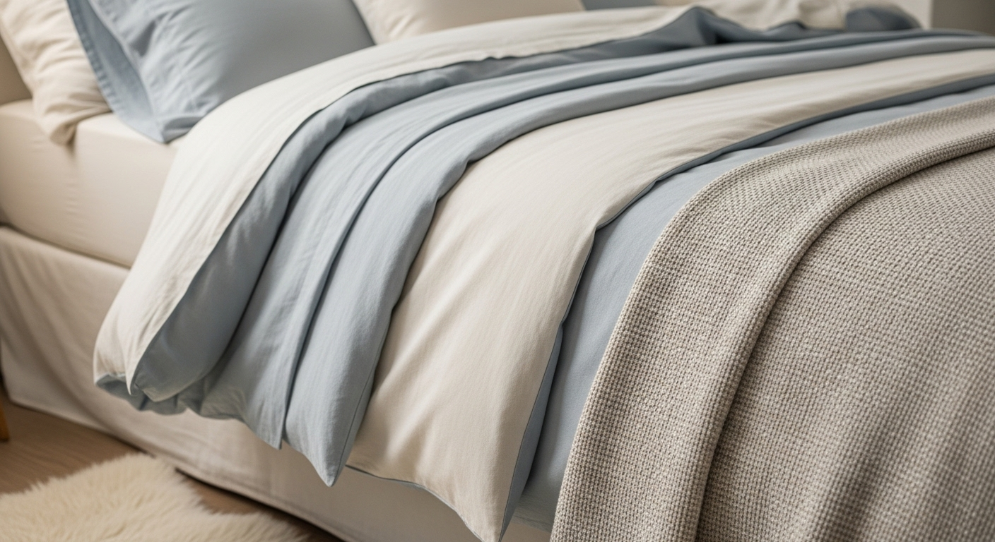 Cận cảnh giường ngủ ngăn nắp với ga trải giường xanh kem mềm mại, chăn ném và thảm lông xù, tạo không gian trang trí phòng ngủ ấm cúng, tinh tế.