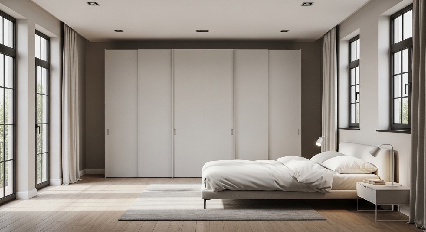 Phòng ngủ tối giản với tủ âm tường cửa trượt màu sáng liền tường, sàn gỗ. Gợi ý cách trang trí phòng ngủ nhỏ hiện đại, tạo không gian rộng rãi và thanh lịch.