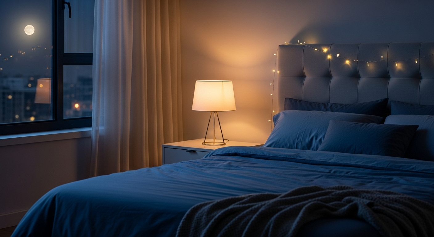 Decor phòng ngủ ấm cúng buổi tối với đèn ngủ hiện đại và đèn dây trang trí trên đầu giường, tạo không gian thư giãn.