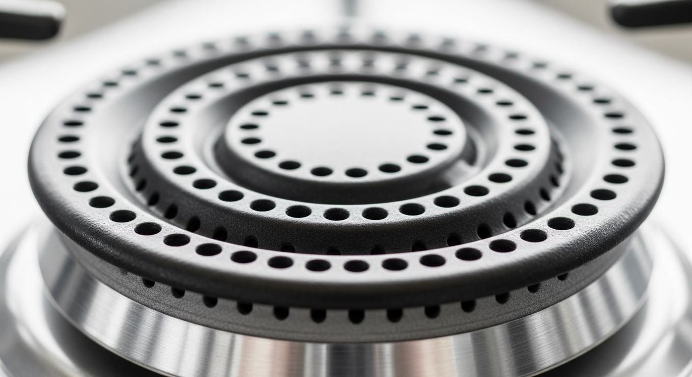 Nắp chia lửa bếp ga sạch bóng, không cặn bẩn với các lỗ thoát ga thông thoáng, minh họa kết quả của cách vệ sinh bếp ga hiệu quả.