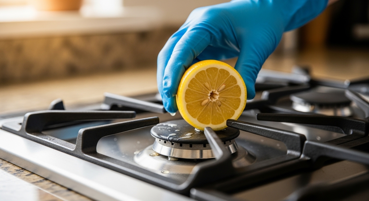 Tay đeo găng xanh dùng nửa quả chanh vệ sinh bếp ga, làm sạch vết dầu mỡ trên bề mặt kim loại sáng bóng.