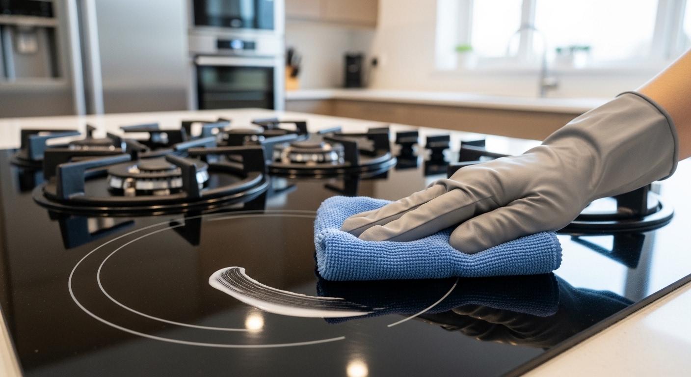 Tay đeo găng nhẹ nhàng lau chùi mặt bếp ga kính sáng bóng bằng khăn microfiber, thể hiện dịch vụ vệ sinh bếp ga tại nhà chuyên nghiệp.