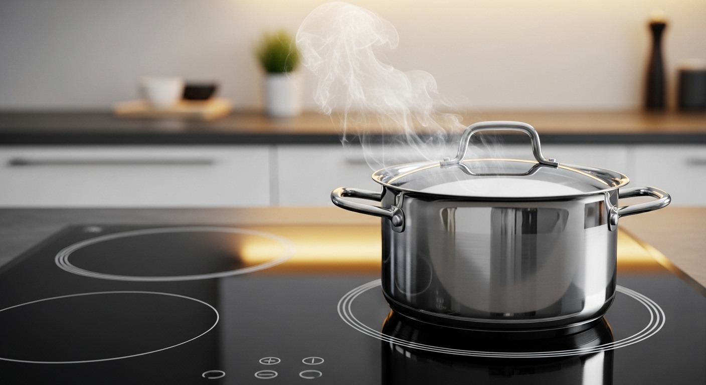 Nồi inox đun liu riu trên bếp từ, hơi nước bốc lên nhẹ nhàng, minh họa cho mẹo vặt nhà bếp giúp món ăn ngon.