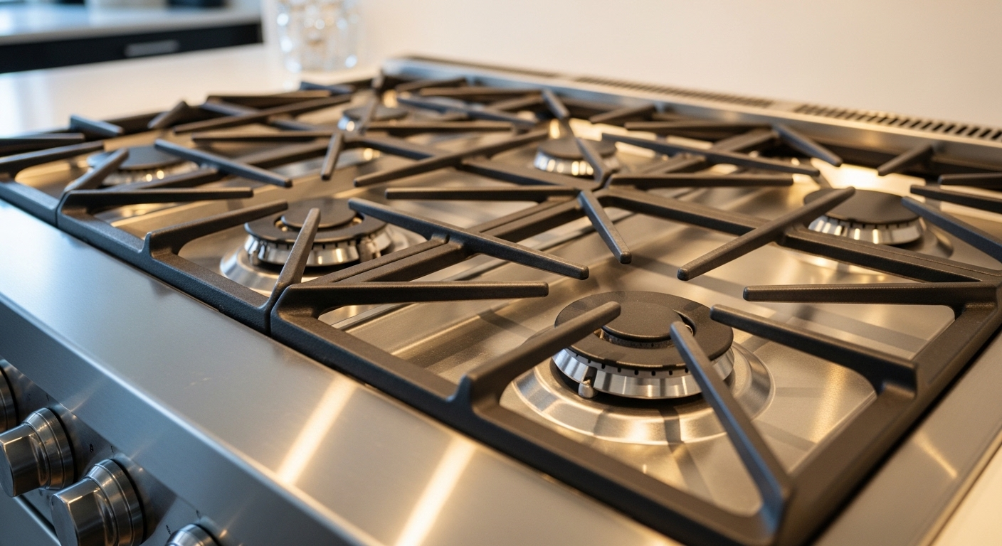 Bếp gas inox sáng bóng, đã được vệ sinh bếp gas sạch sẽ, với các kiềng và nắp đầu đốt lắp ráp lại, sẵn sàng sử dụng.