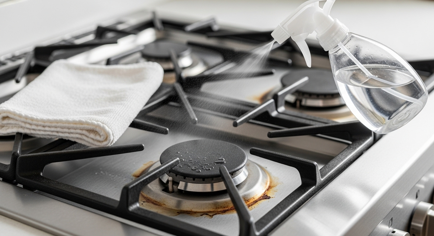 Bình xịt giấm phun sương lên bề mặt bếp gas inox bị xỉn màu, chuẩn bị tẩy vết rỉ sét trên bếp gas hiệu quả cùng khăn microfiber.