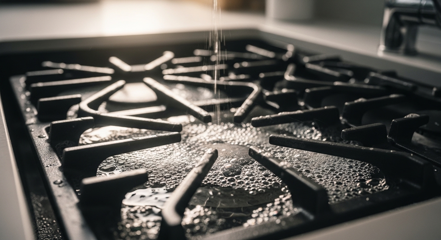 Kiềng bếp ga kim loại đen đang ngâm trong bồn rửa đầy nước xà phòng ấm, sủi bọt, minh họa một bước hiệu quả trong cách làm sạch bếp ga.