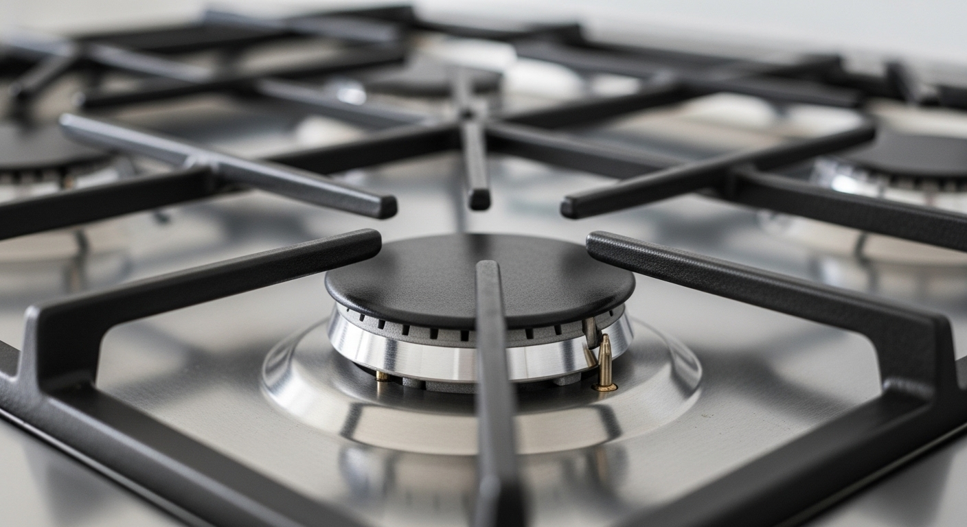 Bề mặt bếp gas inox sáng bóng cùng kiềng và nắp crôm sạch tinh tươm, kết quả của cách vệ sinh bếp gas đúng cách.