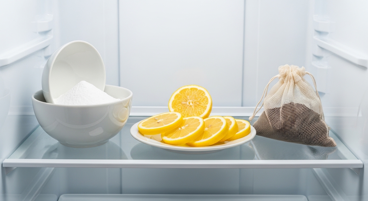 Tủ lạnh sạch sẽ, ngăn nắp với baking soda, chanh, bã cà phê đặt sẵn để khử mùi, gợi ý cách vệ sinh tủ lạnh lâu ngày không dùng và giữ không gian tươi mới.