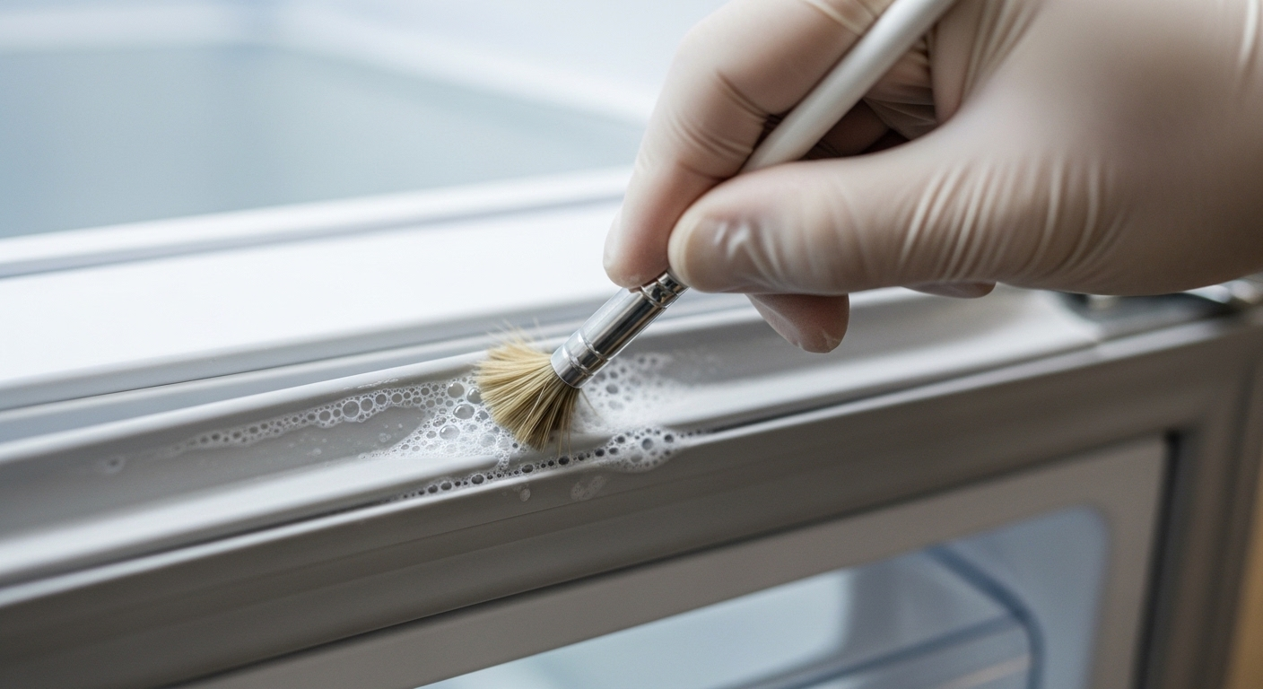 Cận cảnh tay đeo găng tỉ mỉ dùng bàn chải nhỏ làm sạch gioăng cao su tủ lạnh với dung dịch tạo bọt, minh họa cách vệ sinh tủ lạnh tại nhà hiệu quả.