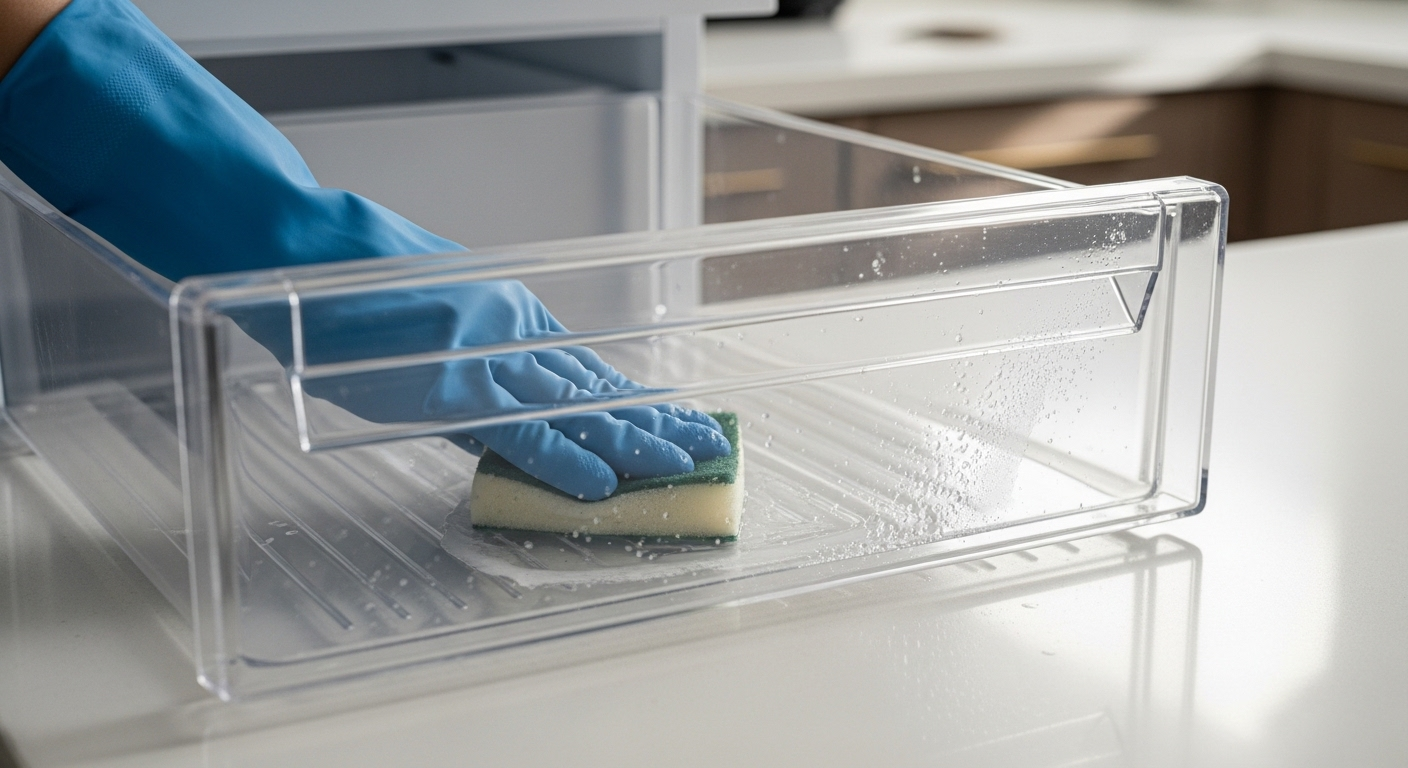 Cận cảnh tay đeo găng lau chùi ngăn kéo tủ lạnh trên bàn bếp, minh họa vệ sinh tủ lạnh đúng cách.