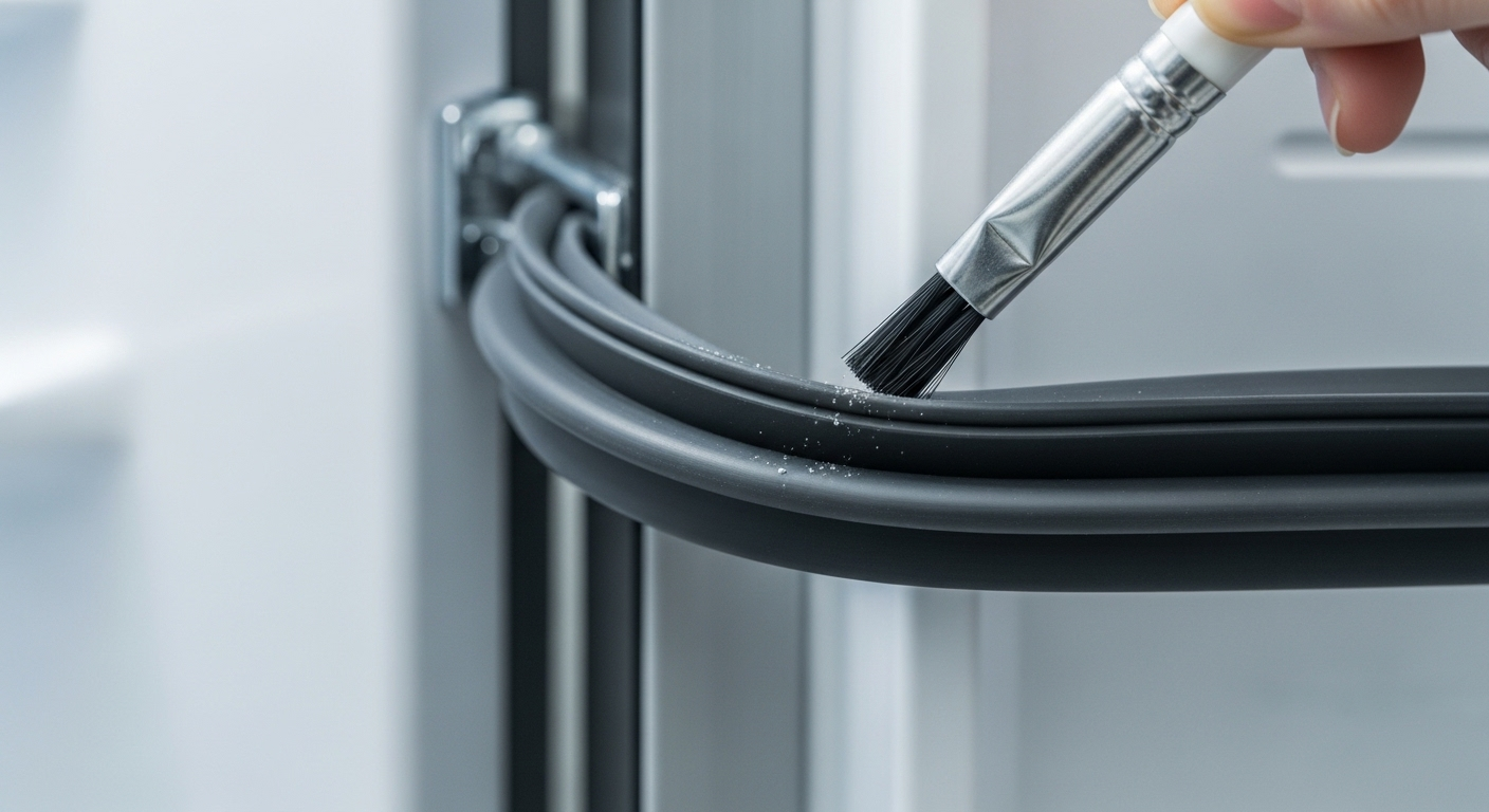 Hình ảnh cận cảnh gioăng cao su tủ lạnh sạch sẽ, mềm dẻo đang được vệ sinh bằng bàn chải mềm, minh họa cho cách làm sạch tủ lạnh hiệu quả và giữ gìn gioăng bền lâu.