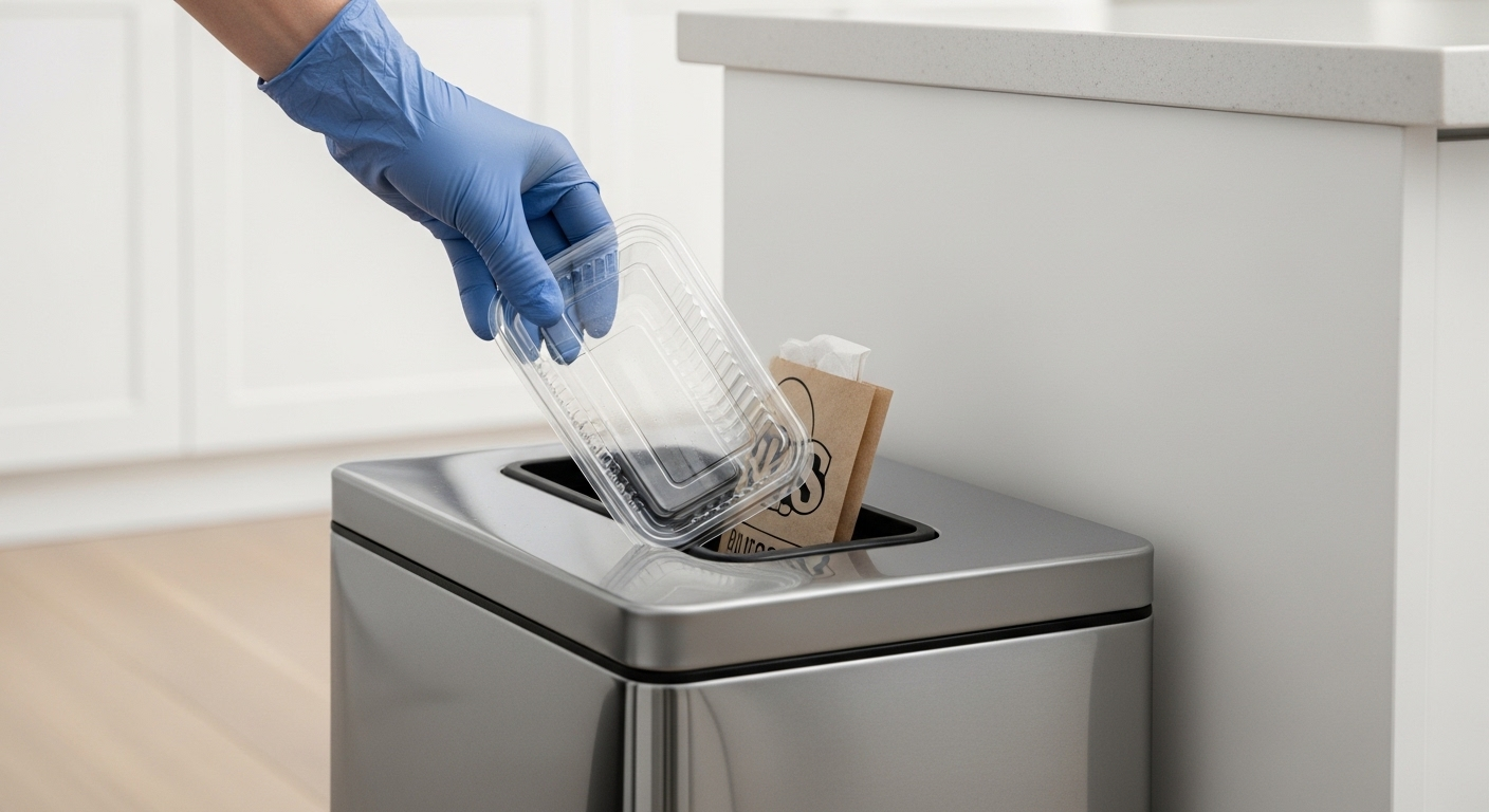 Tay đeo găng bỏ hộp rỗng vào thùng rác, dọn dẹp bếp gọn gàng sau khi vệ sinh tủ lạnh.