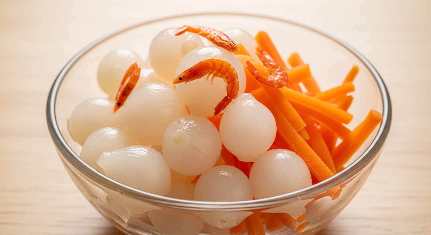 Dưa Hành trắng giòn và cà rốt muối cam tươi điểm tôm khô trong bát thủy tinh, là món ăn ngày Tết chống ngán quen thuộc.
