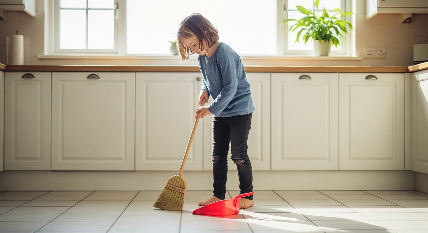 Bé 6-8 tuổi dùng chổi nhỏ chăm chỉ quét sàn bếp sạch, thể hiện việc dạy con làm việc nhà hiệu quả.