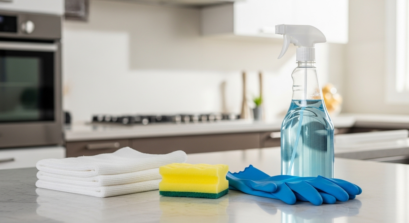 Bọt biển vàng, khăn trắng, bình xịt và găng tay xanh trên bàn bếp sạch, sẵn sàng cho việc vệ sinh tủ lạnh hiệu quả.