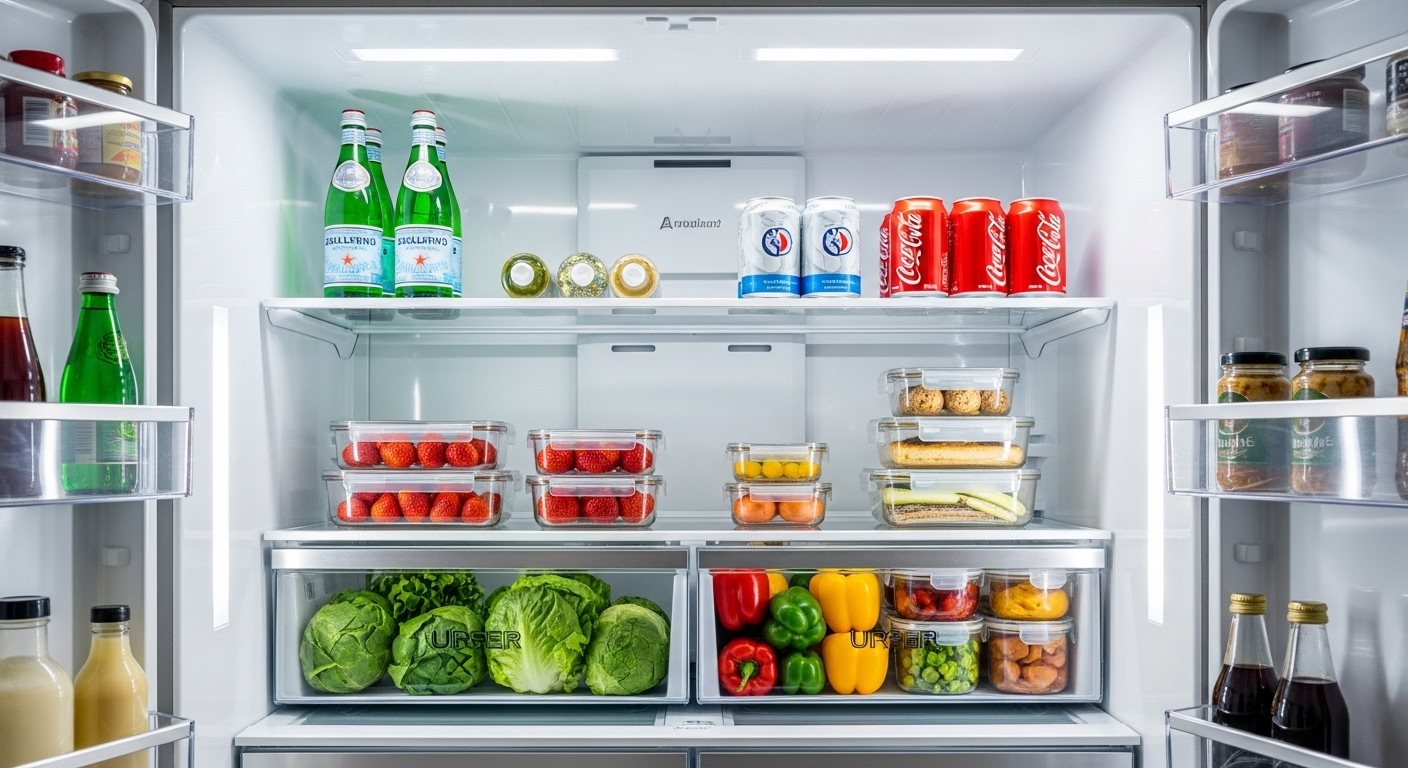 Bên trong tủ lạnh sạch sẽ, ngăn nắp với thực phẩm tươi ngon được sắp xếp gọn gàng, minh chứng cho việc vệ sinh tủ lạnh đúng cách.