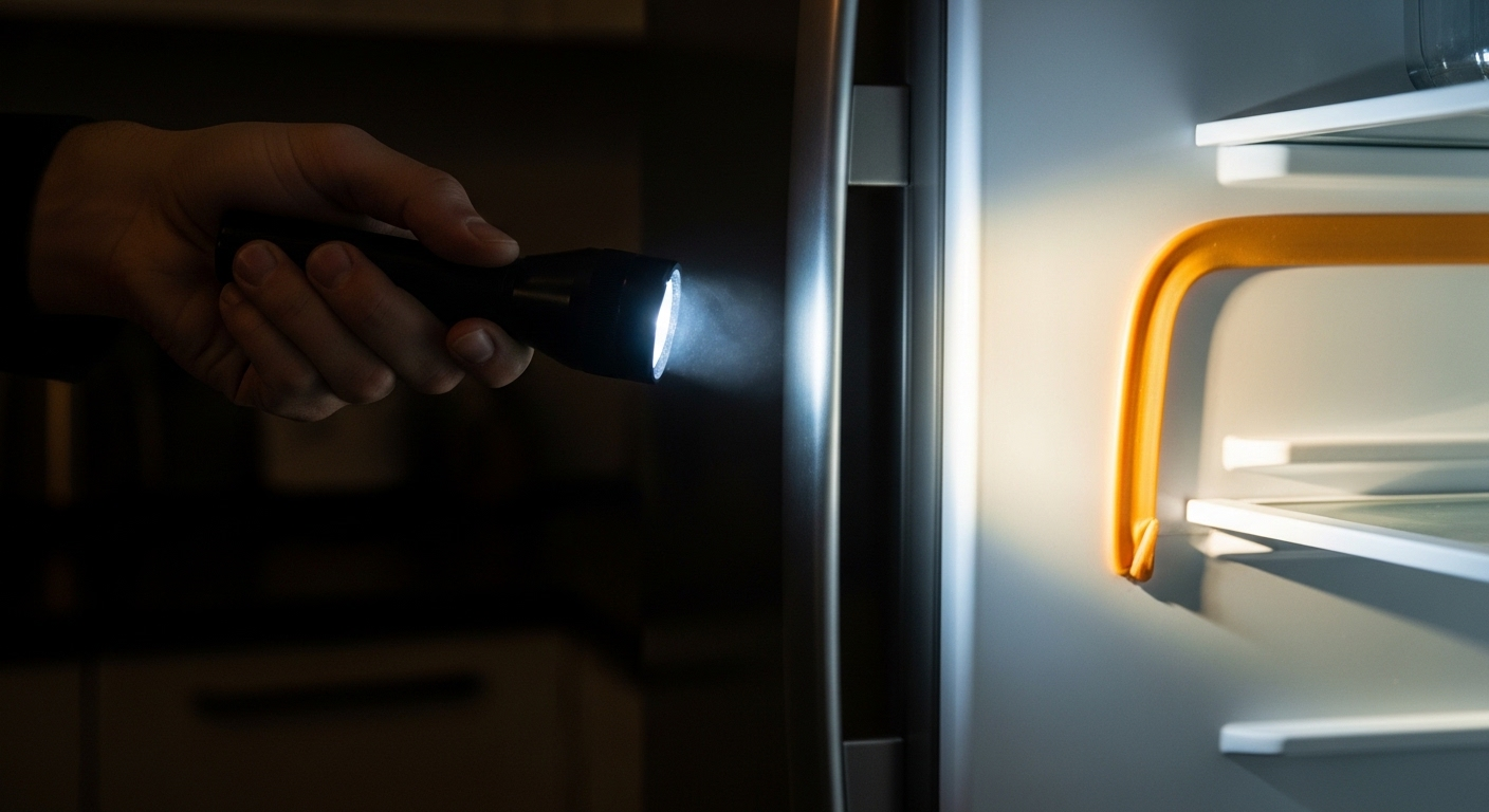 Bàn tay dùng đèn pin chiếu sáng vào gioăng cao su tủ lạnh đã mở hé, cho thấy khu vực cần chú ý trong cách vệ sinh tủ lạnh định kỳ.