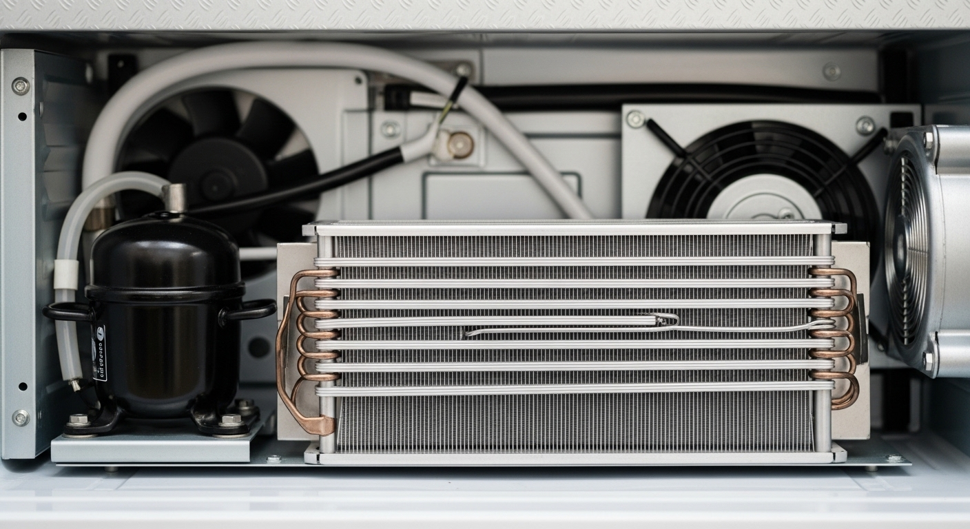 Cận cảnh dàn ngưng kim loại sạch sẽ, không bụi ở phía sau tủ lạnh, nhấn mạnh sự cần thiết của cách vệ sinh tủ lạnh định kỳ để đảm bảo hoạt động hiệu quả.