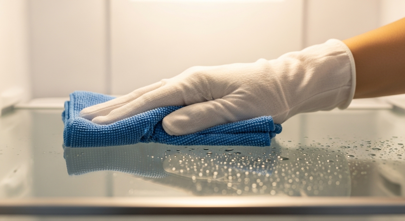 Tay đeo găng trắng dùng khăn microfiber lau sạch kệ kính tủ lạnh, minh họa mẹo vệ sinh giúp giữ tủ lạnh luôn sạch sẽ và khử mùi hôi tủ lạnh hiệu quả.
