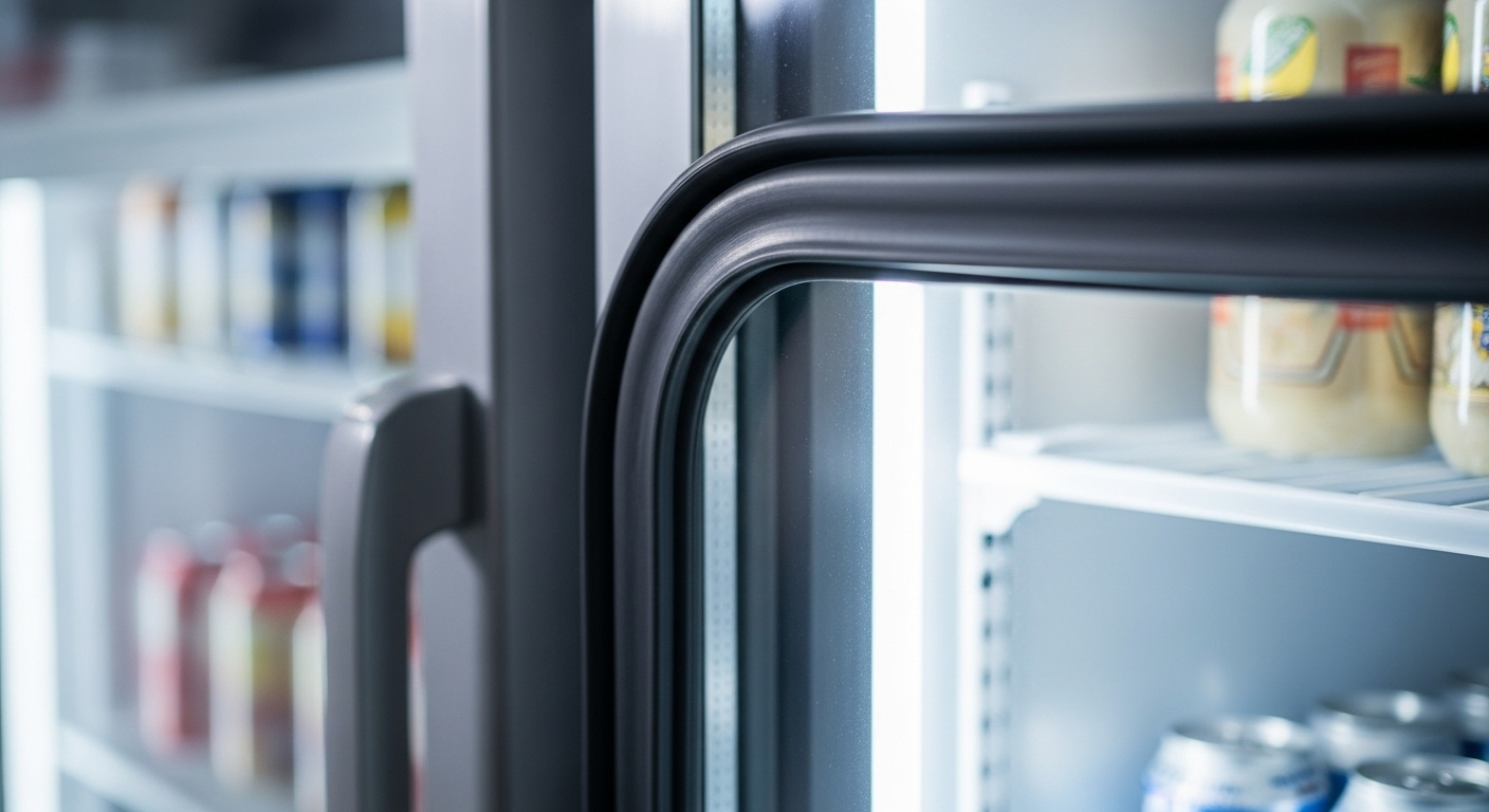 Cận cảnh ron cao su sạch tinh tươm, nguyên vẹn trên cửa kính tủ lạnh công nghiệp, minh chứng cho việc làm sạch cửa tủ lạnh công nghiệp đúng cách.