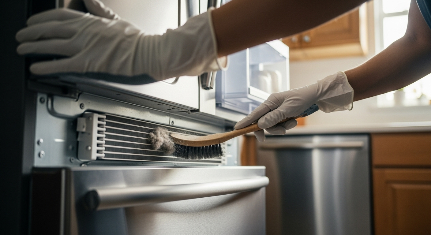 Đôi tay đeo găng dùng bàn chải mềm loại bỏ bụi bẩn từ dàn ngưng phía sau tủ lạnh đã kéo ra.