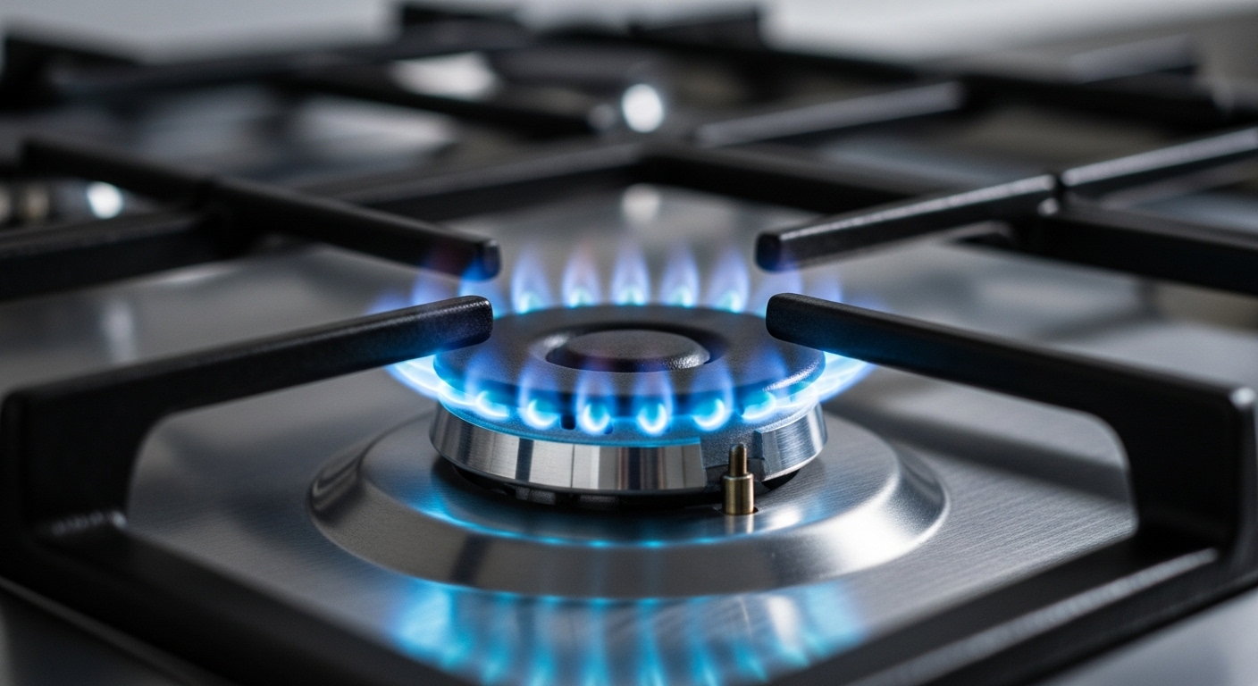 Đầu đốt bếp ga lửa xanh mạnh mẽ trên bề mặt inox sạch bóng, kiềng đã tháo. Hình ảnh lý tưởng cho việc tìm hiểu cách vệ sinh bếp ga hiệu quả.
