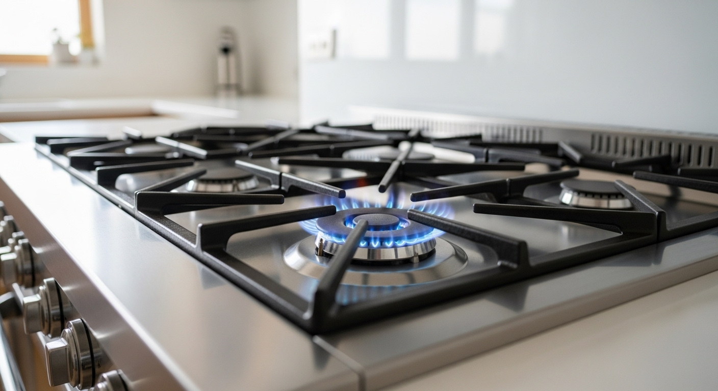 Bếp ga thép không gỉ sạch bóng với kiềng bếp sáng, ngọn lửa xanh đều, minh chứng cho cách vệ sinh bếp ga hiệu quả.