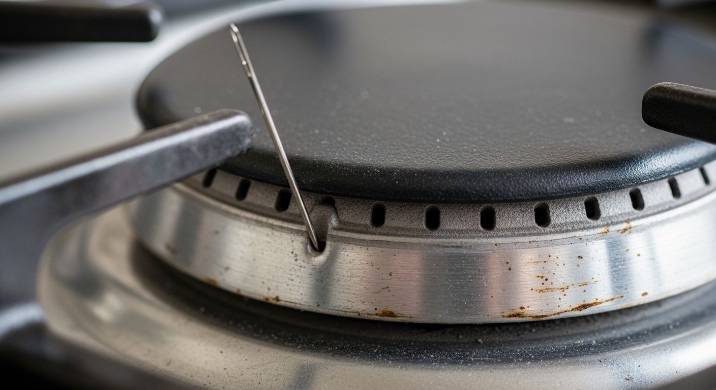 Cận cảnh đầu đốt bếp ga kim loại, một chiếc kim nhỏ đang làm sạch các lỗ thoát khí bị tắc.