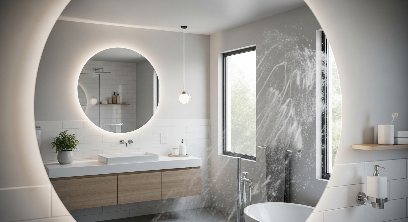 Gương nhà tắm sạch bóng, không vết ố, phản chiếu rõ ràng nội thất hiện đại – minh chứng cho cách làm sạch gương nhà tắm hiệu quả. Gương nhà tắm sạch bóng, không vết ố, phản chiếu rõ ràng nội thất hiện đại – minh chứng cho cách làm sạch gương nhà tắm hiệu quả.