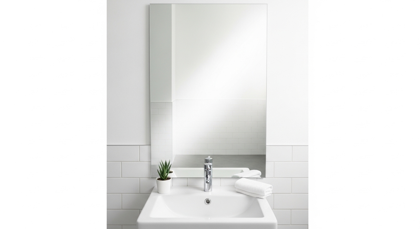 Gương nhà tắm sáng bóng, không vết ố, phản chiếu nội thất tối giản. Hình ảnh hoàn hảo minh họa kết quả của cách vệ sinh gương nhà tắm đúng cách.