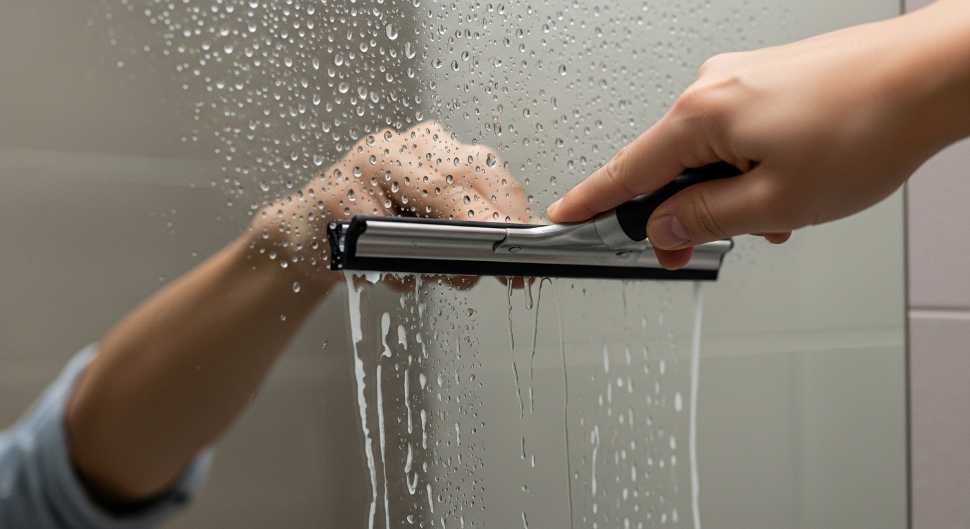 Bàn tay dùng gạt nước làm sạch gương phòng tắm ướt, thể hiện cách vệ sinh gương phòng tắm sáng bóng không tì vết.