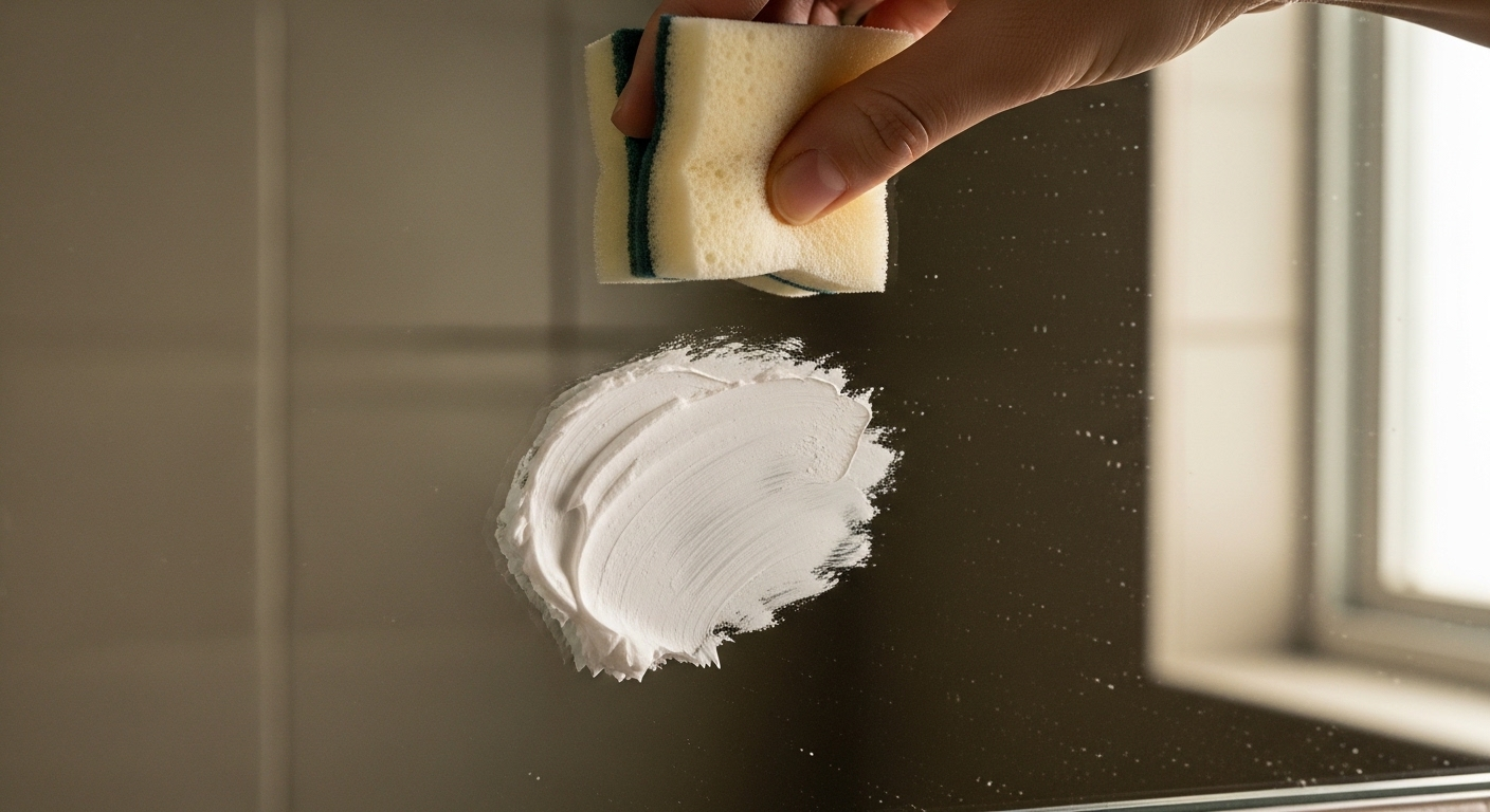 Thoa hỗn hợp baking soda lên vết cặn khoáng trên gương nhà tắm, sẵn sàng dùng miếng bọt biển lau sạch. Hình ảnh minh họa cách làm sạch gương nhà tắm hiệu quả và tự nhiên.