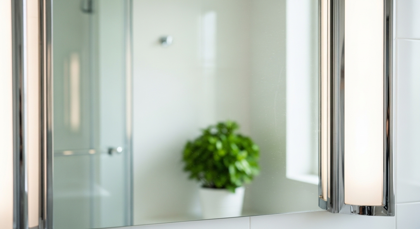 Gương phòng tắm trong vắt, không tì vết, phản chiếu rõ nét nội thất phòng tắm tối giản và cây xanh, cho thấy kết quả hoàn hảo sau khi làm sạch gương phòng tắm.