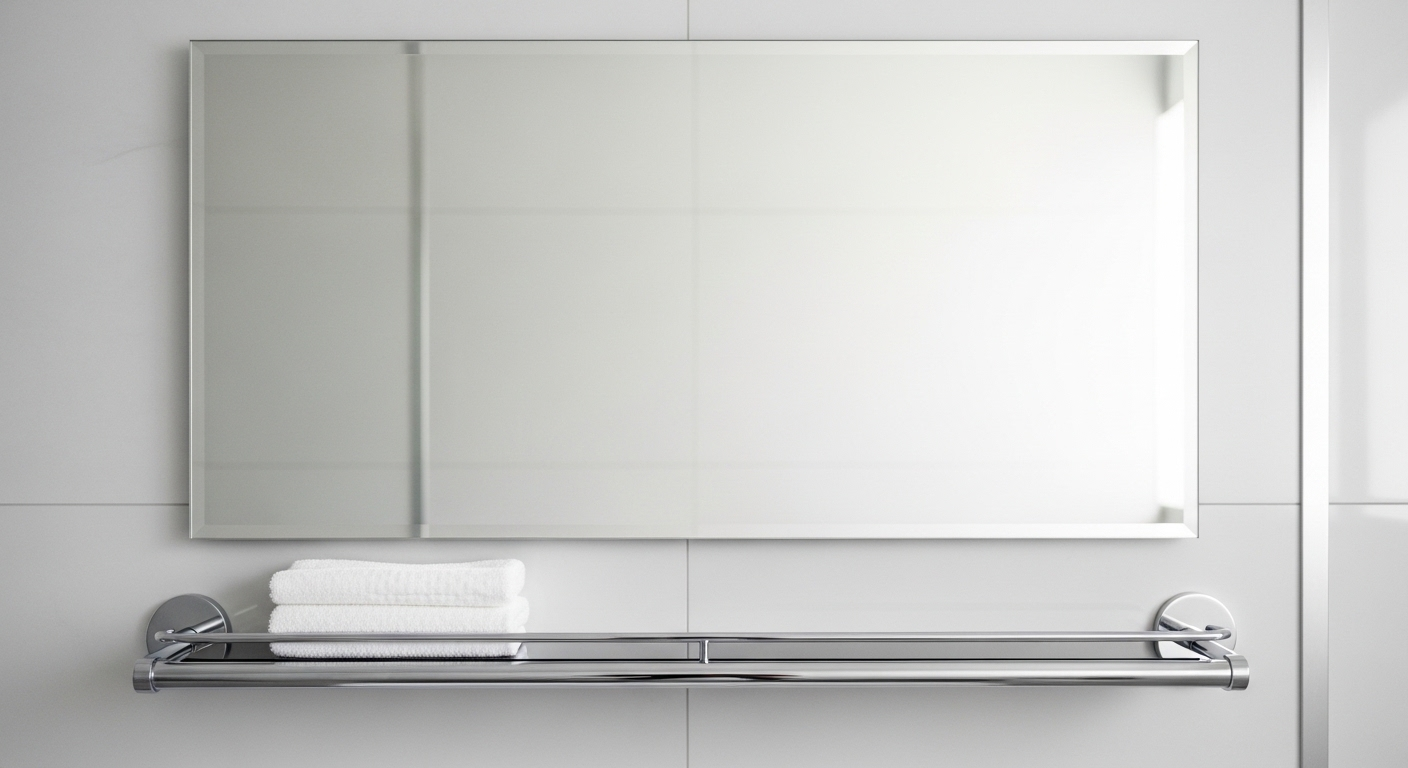 Gương nhà tắm sạch với khăn microfiber trên kệ, gợi ý cách vệ sinh gương nhà tắm bị ố luôn sáng bóng.