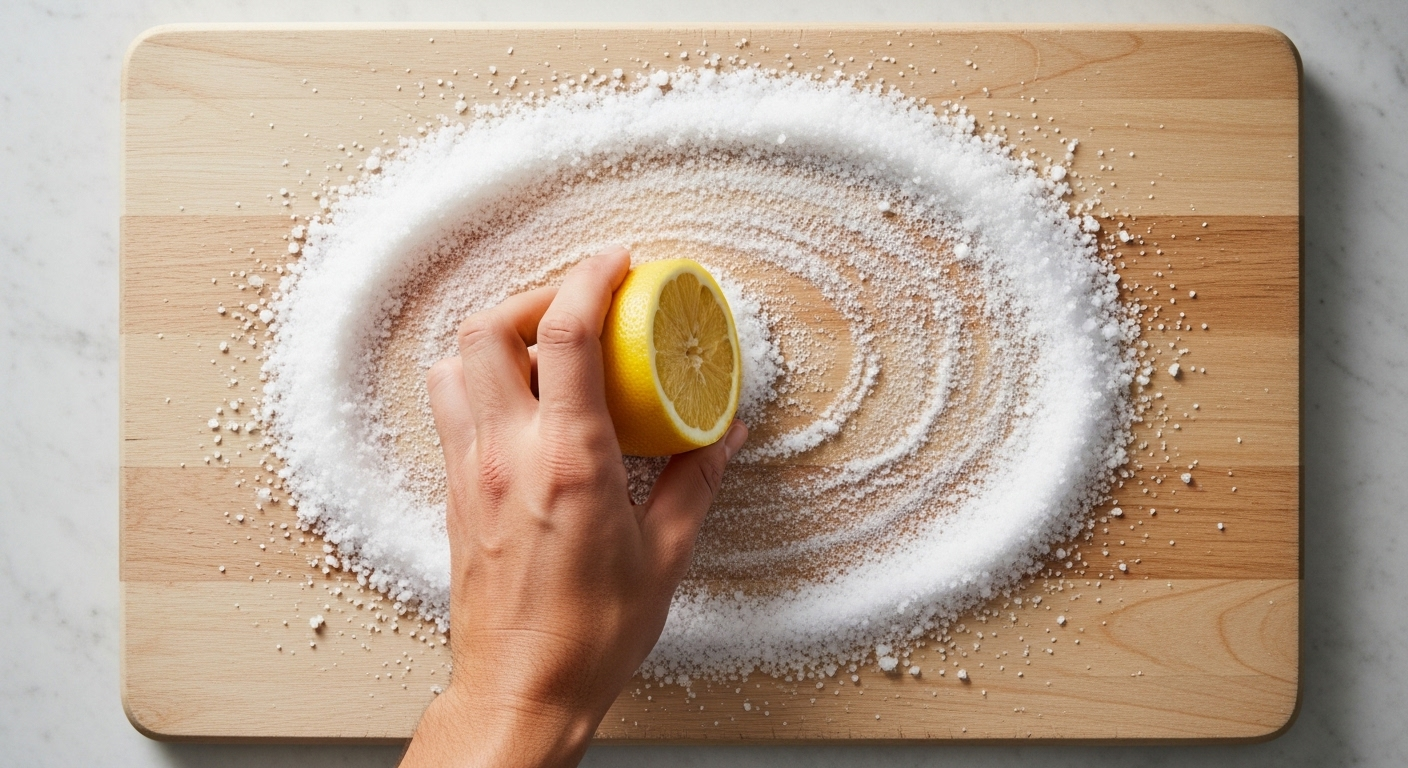 Bàn tay dùng chanh vàng và muối hạt chà rửa thớt gỗ sáng màu.