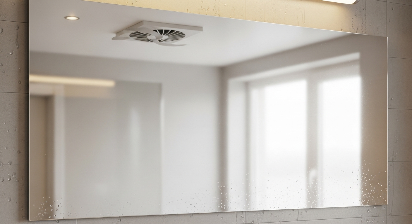 Gương nhà tắm tráng bạc chống mờ, trong suốt hoàn hảo dù có hơi ẩm, nhờ quạt thông gió. Hình ảnh một chiếc gương luôn sạch bóng, gợi nhắc về cách làm sạch gương nhà tắm định kỳ để giữ độ sáng.