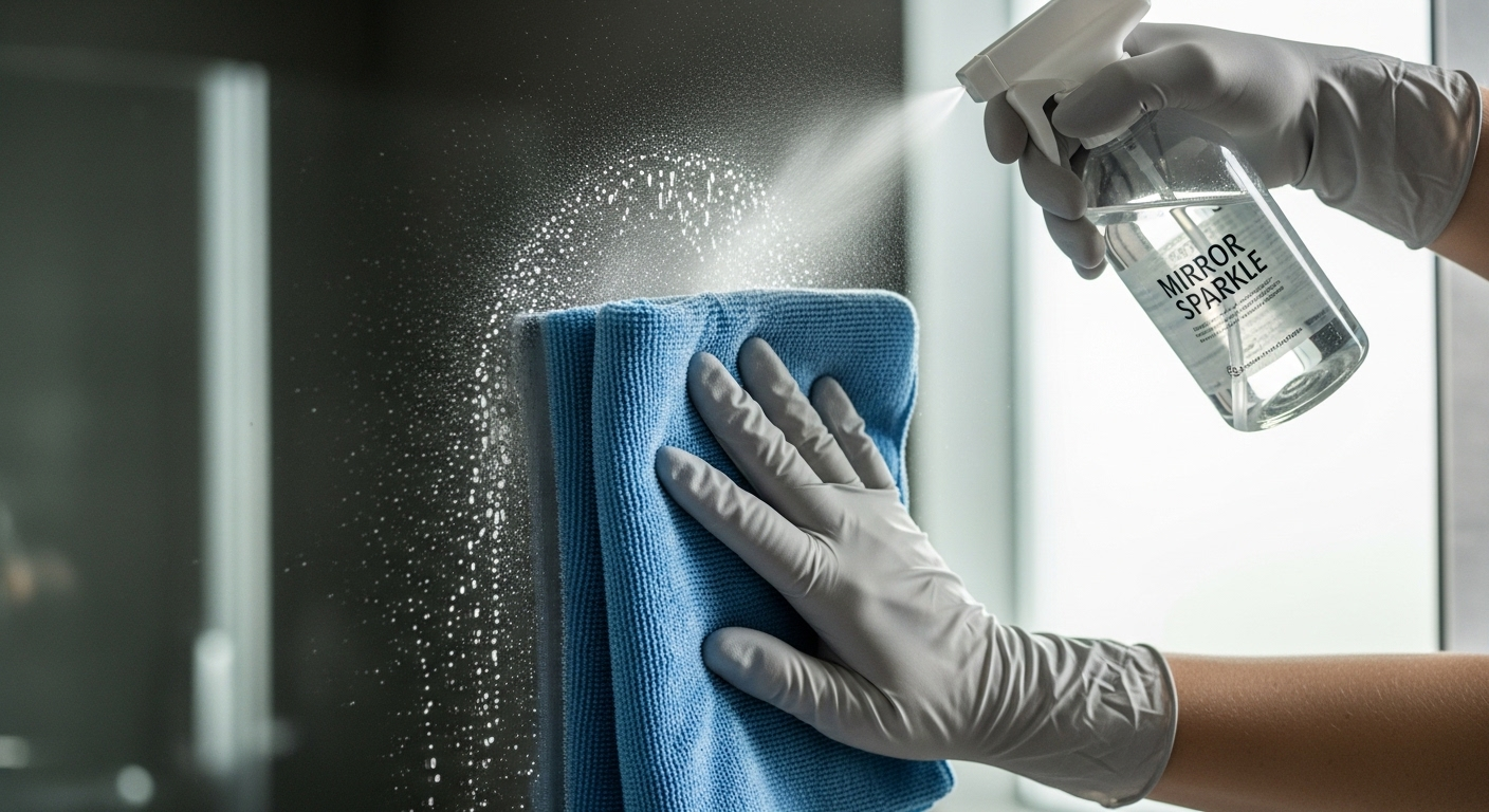 Bàn tay đeo găng đang nhẹ nhàng lau sạch gương nhà tắm bằng khăn microfiber mềm và dung dịch chuyên dụng. Hình ảnh minh họa hiệu quả cách làm sạch gương nhà tắm bị ố vàng, với phần gương đã được làm sạch trở nên trong suốt.