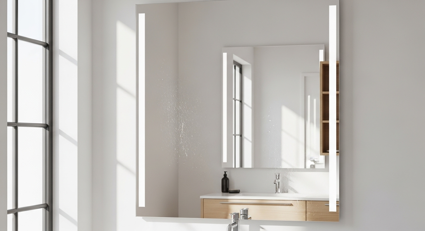Gương phòng tắm sạch bóng hoàn hảo, phản chiếu rõ nét nội thất phòng tắm tối giản sáng bừng, minh chứng cho việc vệ sinh gương phòng tắm hiệu quả.