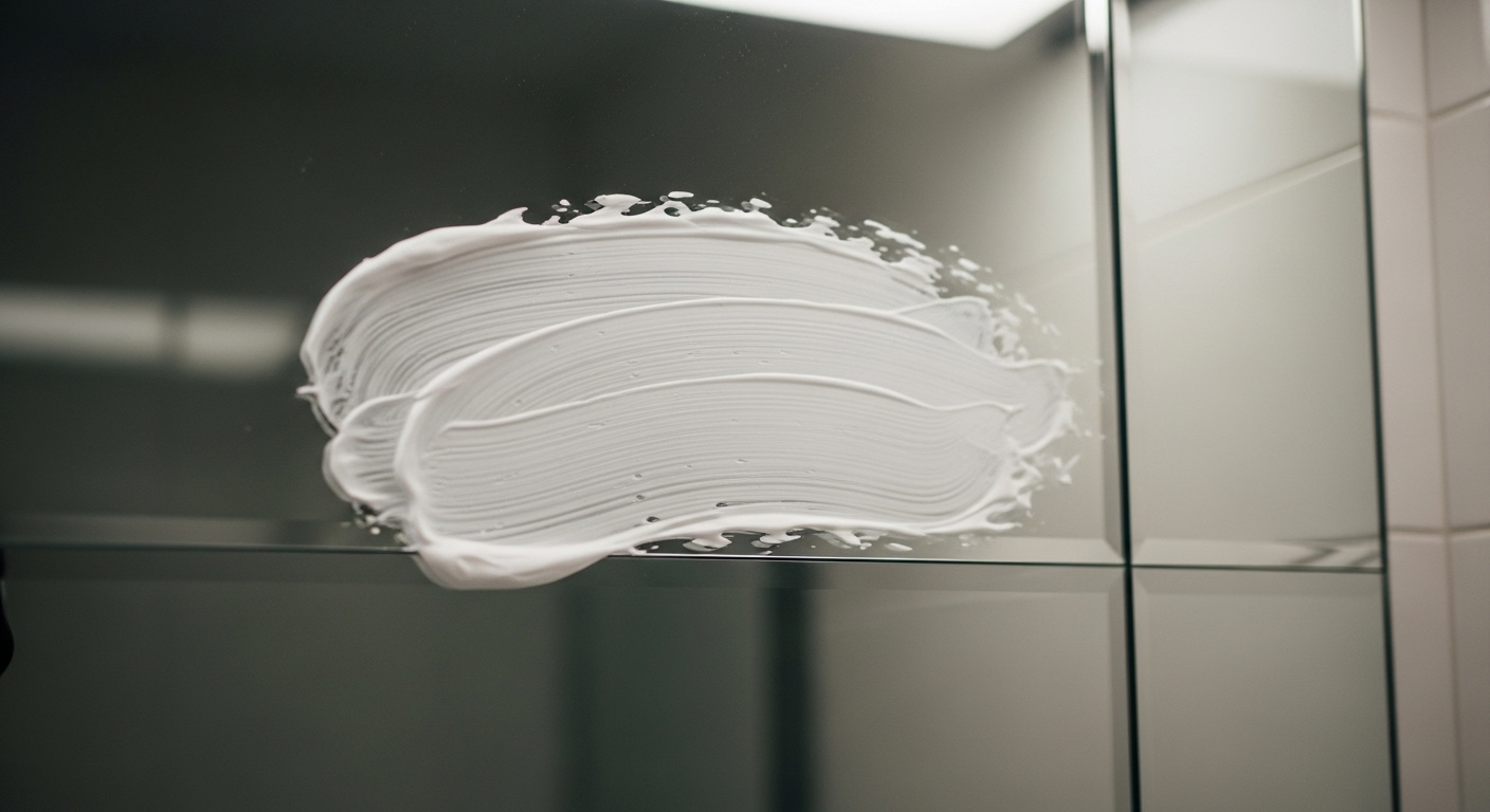 Kem cạo râu được phết đều trên gương nhà tắm, minh họa mẹo làm sạch gương nhà tắm và chống mờ sương hiệu quả.