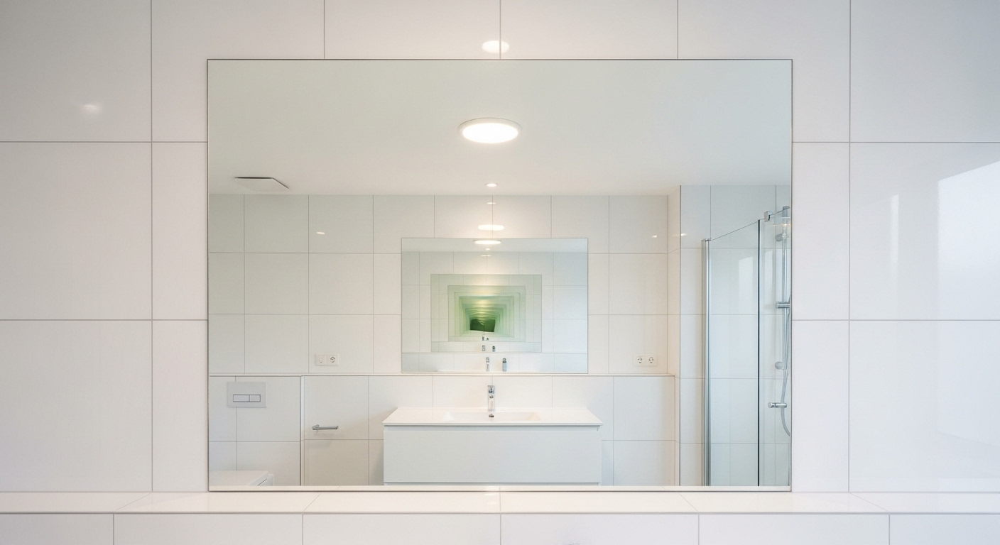 Gương phòng tắm hiện đại sạch bóng không tì vết, phản chiếu rõ nét nội thất, minh họa Cách làm sạch gương phòng tắm hiệu quả.