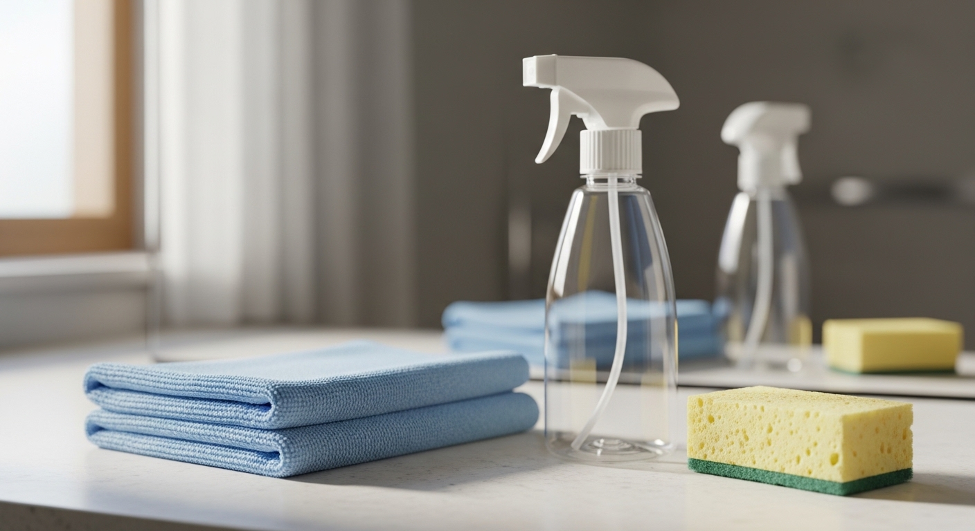 khăn microfiber, bình xịt rỗng và mút mềm, được xếp gọn gàng trên mặt bàn sáng màu.
