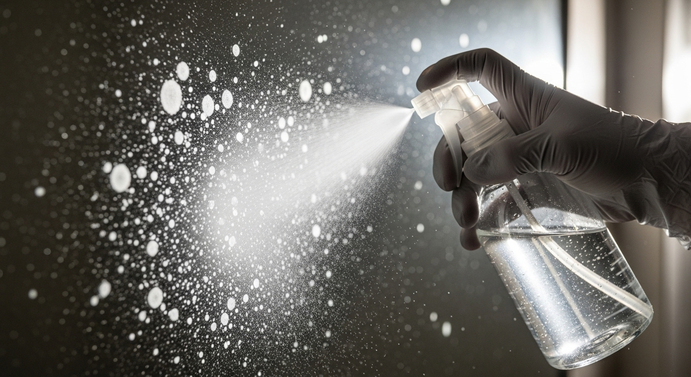 Tay đeo găng xịt dung dịch giấm pha loãng lên gương dính vết nước cứng, một phương pháp hiệu quả cho cách lau gương sạch.