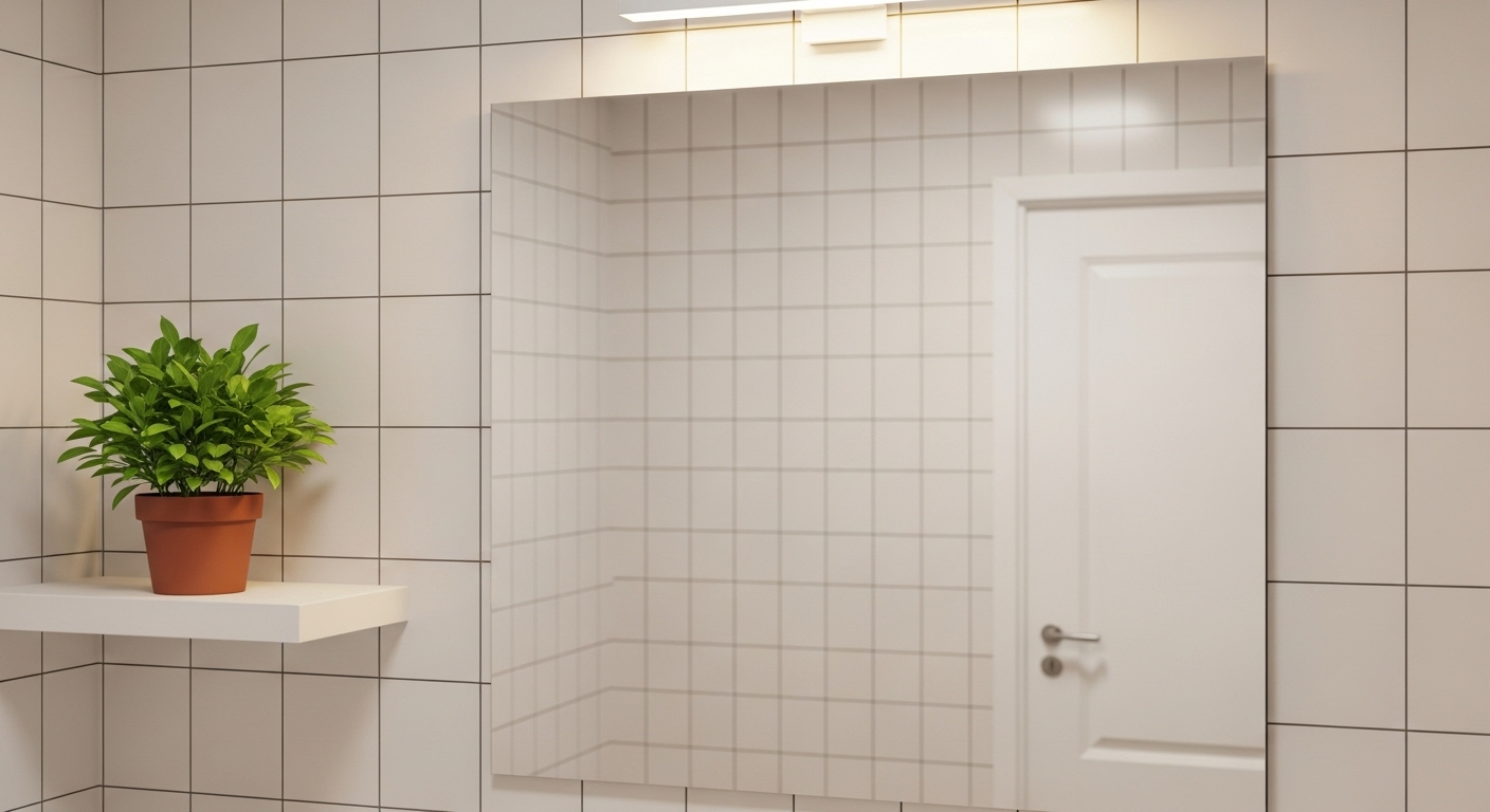 Gương nhà tắm sáng bóng, không tì vết, phản chiếu nội thất sạch sẽ với gạch trắng và cây xanh dưới ánh sáng ấm áp. Đây là kết quả hoàn hảo sau khi lau gương nhà tắm đúng cách.